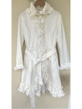 Samuel Dong White Taffeta Belted Ruffle Formal Bubble Fancy Coat Jacket Dress L